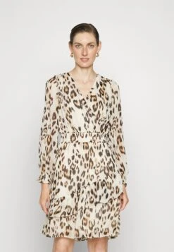 DKNY V Neck Dress With Asymmetric Ruffle Hem - Cocktail Dress / Party Dress - Elegant Beige Multi