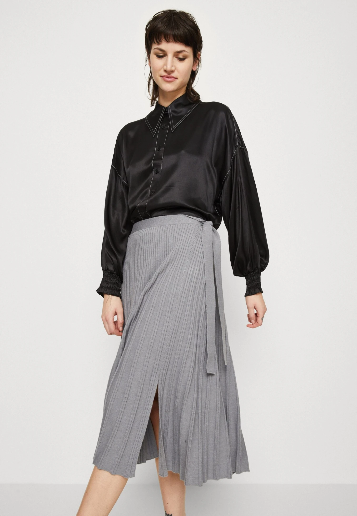 3.1 Phillip Lim Pleated Belted Skirt - Pleated Skirt - Light Grey Melange - Image 6