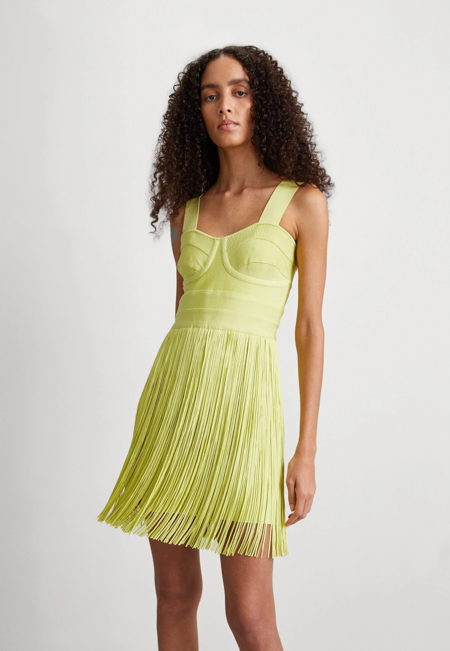 HERVE LEGER Bustier Fringe Mini Dress - Cocktail Dress / Party Dress - Limoncello