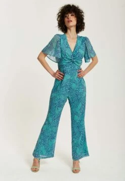 Liquorish Animal Print Knot Front- Jumpsuit - Blue