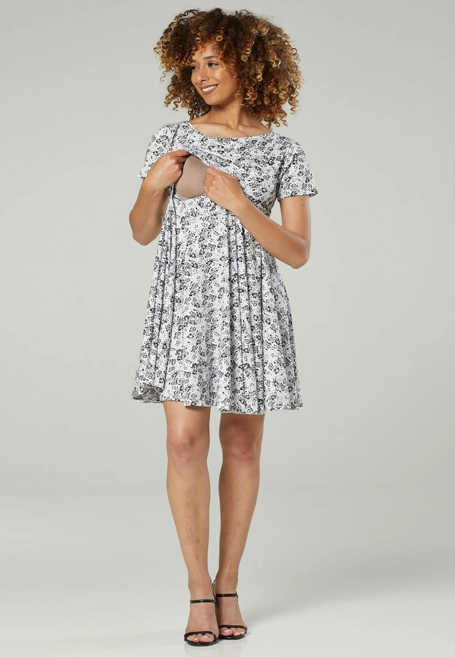 Happy Mama Maternity Summer Nursing - Day Dress - White With Black Flowers - Image 7